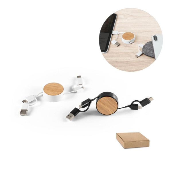 RUBINS. 6-in-1 intrekbare USB-kabel van gerecycled ABS (100% rABS) en bamboe